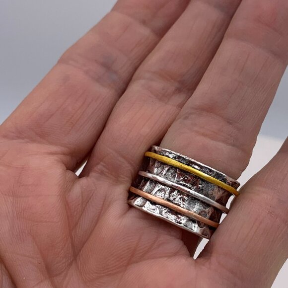 Solid sterling 925 silver, sz 8, copper and gold detail, man made opal, new - Picture 2 of 13